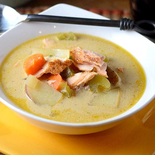 Salmon-Chowder salmon, potatoes, celery, carrots, chicken stock, coconut milk, Old bay seasoning, salt, pepper