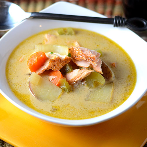 Salmon-Chowder salmon, potatoes, celery, carrots, chicken stock, coconut milk, Old bay seasoning, salt, pepper
