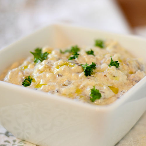 Smoked-Eggplant-Dip eggplant, olive oil, fat-free, Greek yogurt, cayenne, salt, pepper, cumin, lemon