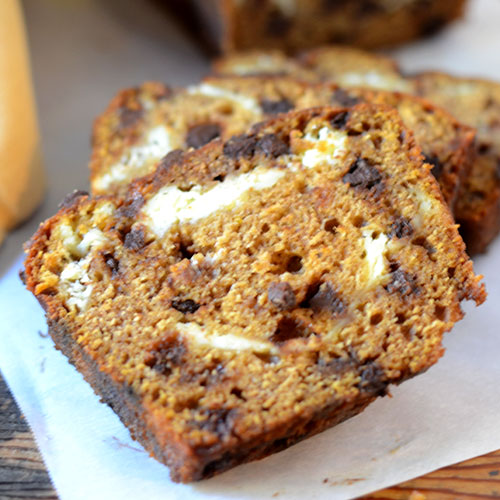 Pumpkin-Cream-Cheese-Loaf pumpkin, cream cheese, milk, apple sauce, canola oil, cinnamon, cloves, sugar, chocolate