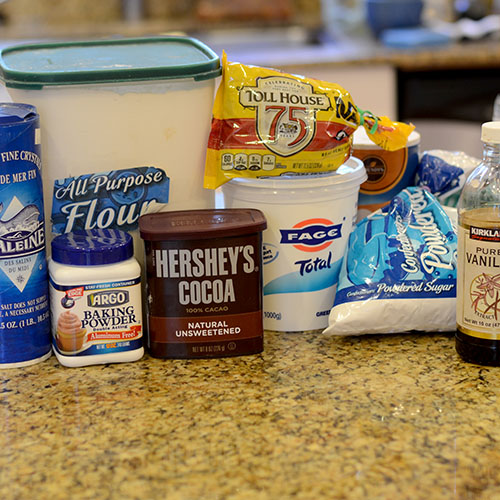 ingredients Ingredients, egg, powdered sugar, Greek yogurt, flour, cocoa powder, baking powder, vanilla, sea salt