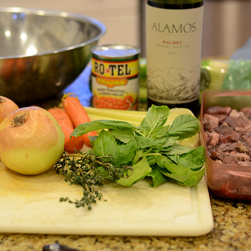 ingredients Ingredients, onions, carrots, basil, thyme, steak, tomatoes, wine, celery