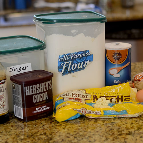 ingredients Ingredients, flour, butter, sugar, vanilla, cocoa, salt, brown sugar, eggs, chocolate chips, white chocolate chips