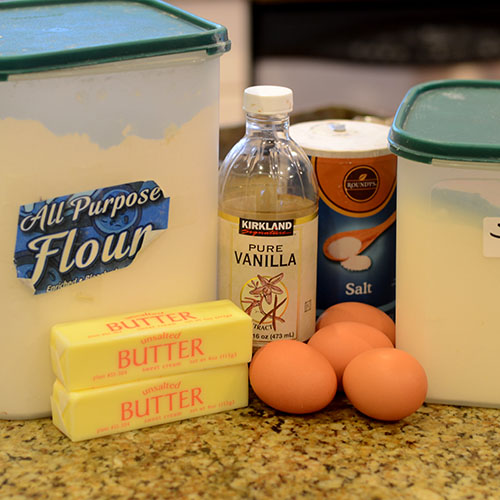 ingredients Ingredients, flour, sugar, eggs, butter, vanilla and salt