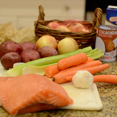 ingredients Ingredients, salmon, potatoes, celery, carrots, chicken stock, coconut milk, Old bay seasoning, salt, pepper