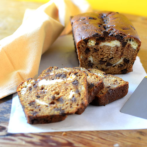 Pumpkin-Cream-Cheese-Loaf pumpkin, cream cheese, milk, apple sauce, canola oil, cinnamon, cloves, sugar, chocolate