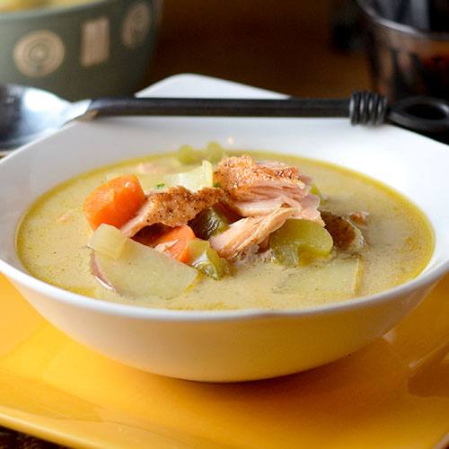 Salmon-Chowder salmon, potatoes, celery, carrots, chicken stock, coconut milk, Old bay seasoning, salt, pepper