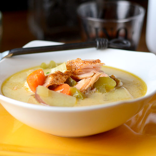 Salmon-Chowder salmon, potatoes, celery, carrots, chicken stock, coconut milk, Old bay seasoning, salt, pepper