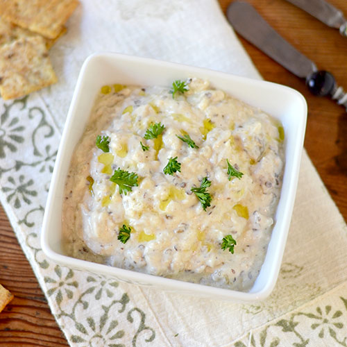 Smoked-Eggplant-Dip eggplant, olive oil, fat-free, Greek yogurt, cayenne, salt, pepper, cumin, lemon