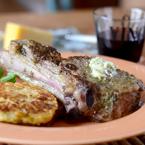 Veal-Chop-topped-with-Pesto-Butter Side close 500