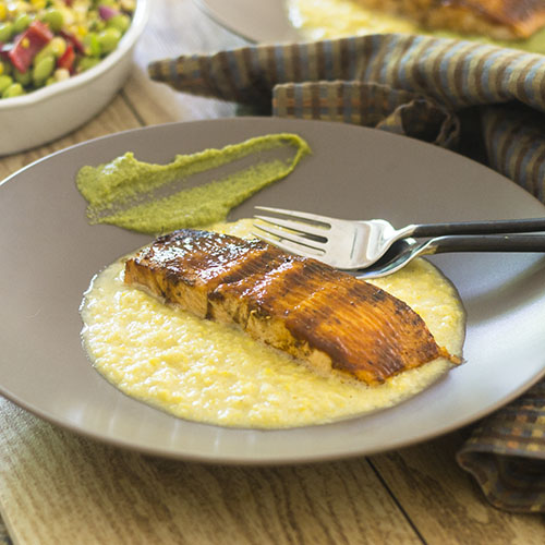 BBQ Salmon over Corn & Pea Purees from Feed Your Soul Too