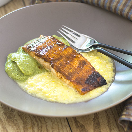 BBQ Salmon over Corn & Pea Purees from Feed Your Soul Too