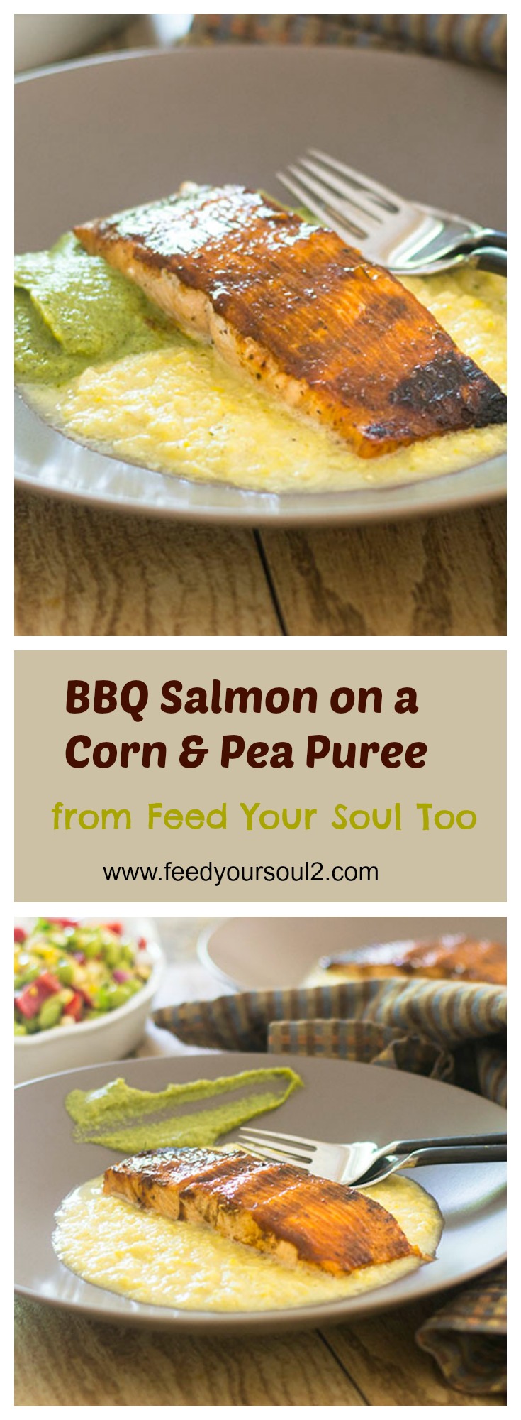 BBQ Salmon over Corn & Pea Purees #seafood #puree #salmon #corn | feedyoursoul2.com