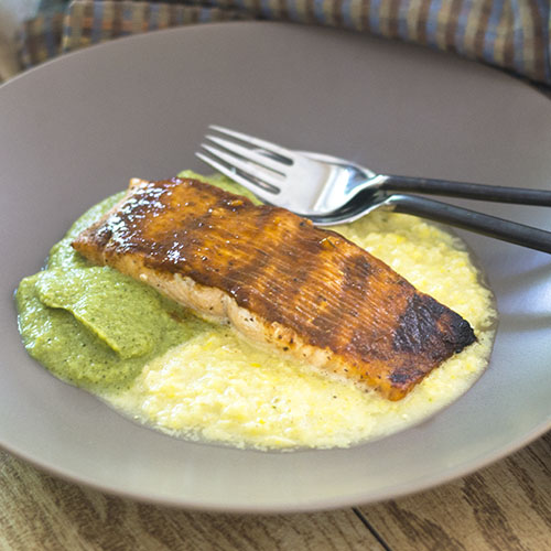 BBQ Salmon over Corn & Pea Purees from Feed Your Soul Too