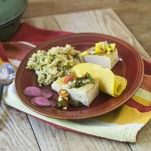 Poblano Salsa Baked Cod from Feed Your Soul Too