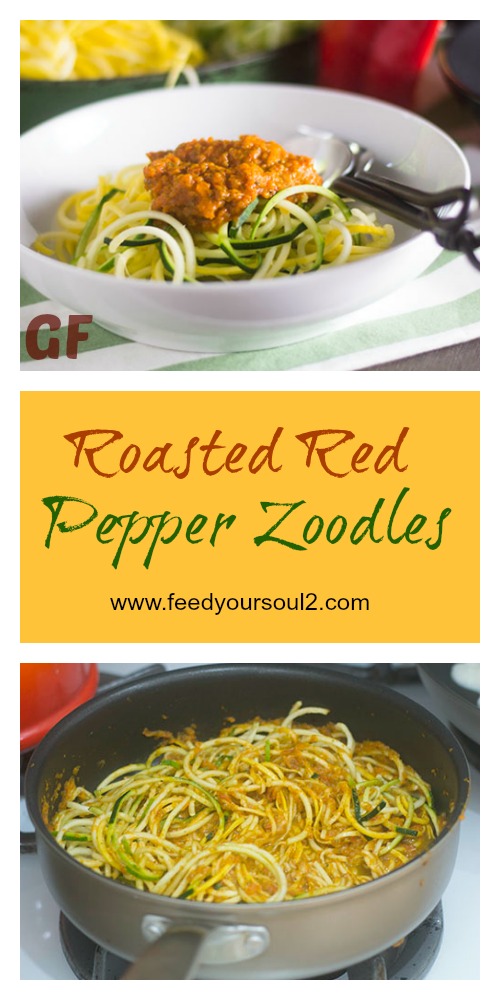 Roasted Red Pepper Zoodles from Feed Your Soul Too Roasted Red Pepper Zoodles #Italianfood #glutenfree #vegan #zoodles | feedyoursoul2.com