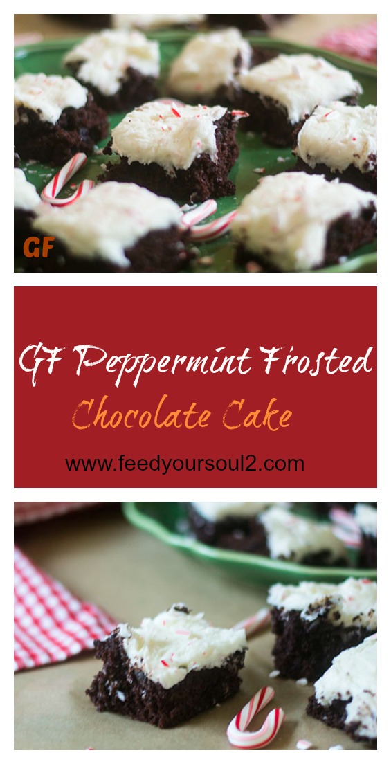 GF Peppermint Frosted Chocolate Cake from Feed Your Soul Too GF Peppermint Frosted Chocolate Cake #holiday #glutenfree #candycanes #chocolate | feedyoursoul2.com