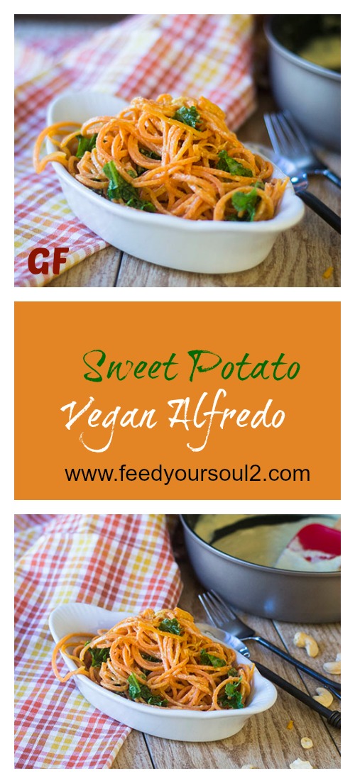 Sweet Potato Vegan Alfredo from Feed Your Soul Too Sweet Potato Vegan Alfredo #vegan #glutenfree #sweetpotatoes #alfredo | feedyoursoul2.com