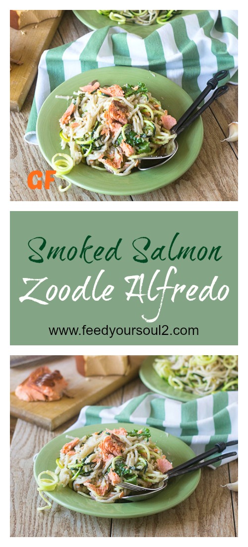 Smoked Salmon Zoodle Alfredo from Feed Your Soul Too Smoked Salmon Zoodle Alfredo #pasta #zoodles #alfredo #glutenfree | feedyoursoul2.com