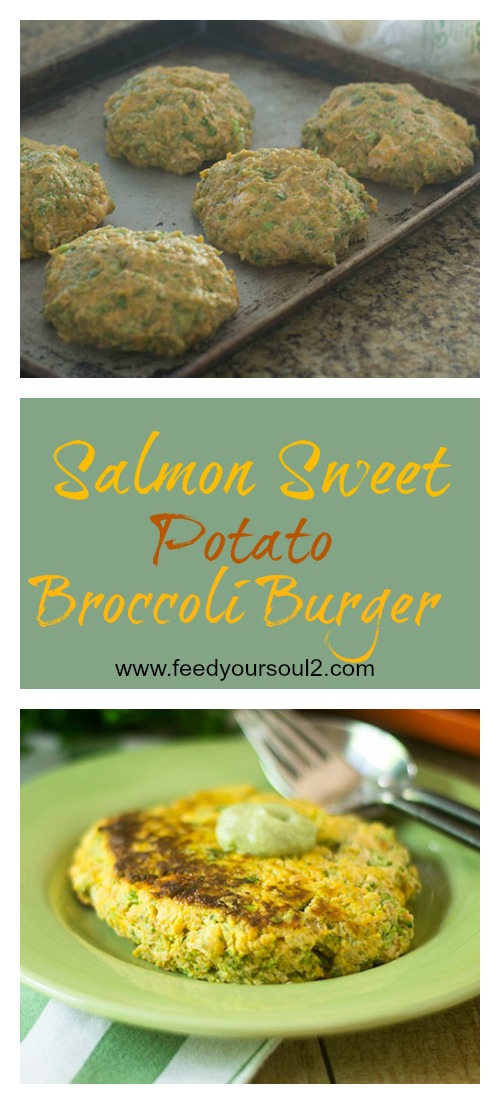 Salmon Sweet Potato Broccoli Burger from Feed Your Soul Too Salmon Sweet Potato Broccoli Burger #glutenfree #seafood #Sweetpotato #broccoli | feedyoursoul2.com