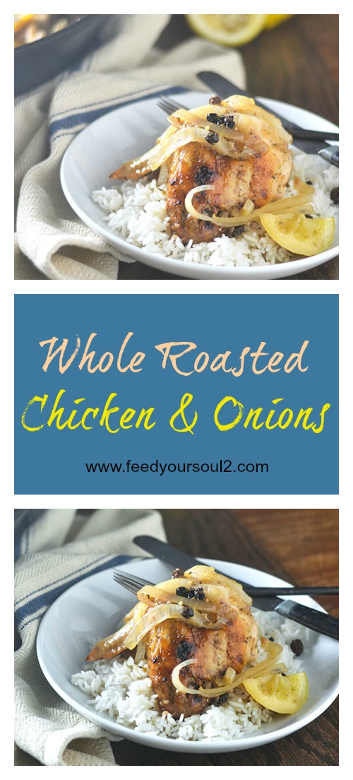 Whole Roasted Lemon Chicken & Onions #chickenrecipes #lemons #castironskillet #glutenfree | feedyoursoul2.com