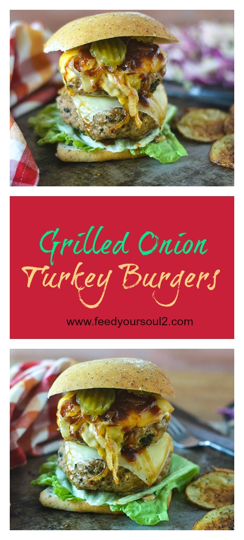 Grilled Onion Turkey Burger from Feed Your Soul Too Grilled Onion Turkey Burger #burgers #onions #cheese #glutenfree | feedyoursoul2.com