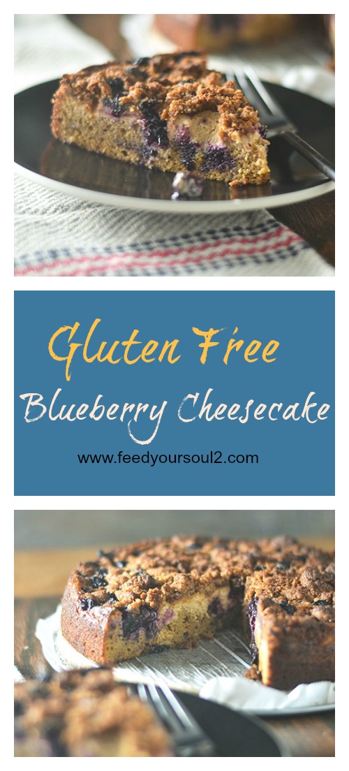 Gluten Free Blueberry Cheesecake from Feed Your Soul Too Gluten Free Blueberry Cheesecake #cheesecake #blueberries #glutenfree | feedyoursoul2.com