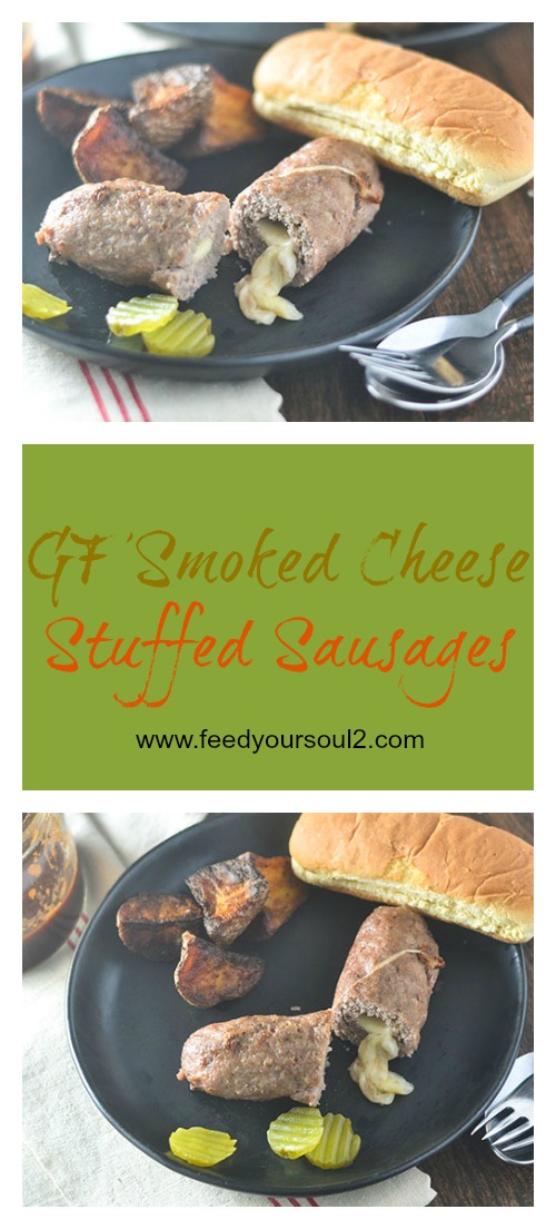 GF Smoked Cheese Stuffed Sausages #cheese #Smoked #turkeyburger #glutenfree | feedyoursoul2.com