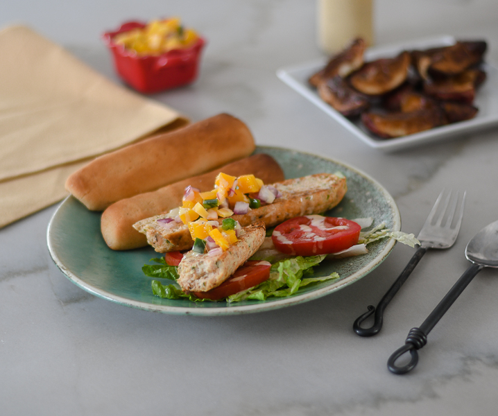 Seafood Sausage Dogs with Mango Salsa