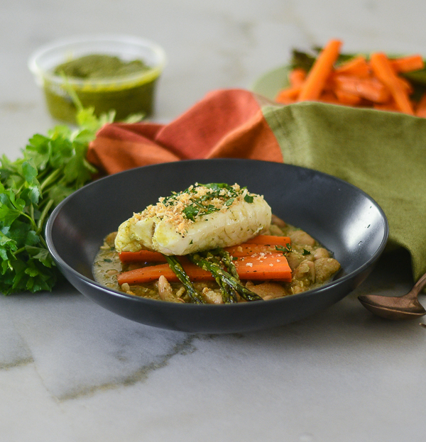 Braised Cod over Pesto Butter Beans