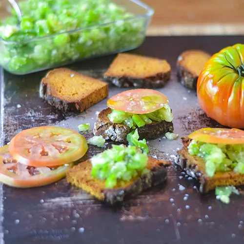 Tomatillo bruschetta for your memorial day bbq. A fun change up for an appetizer