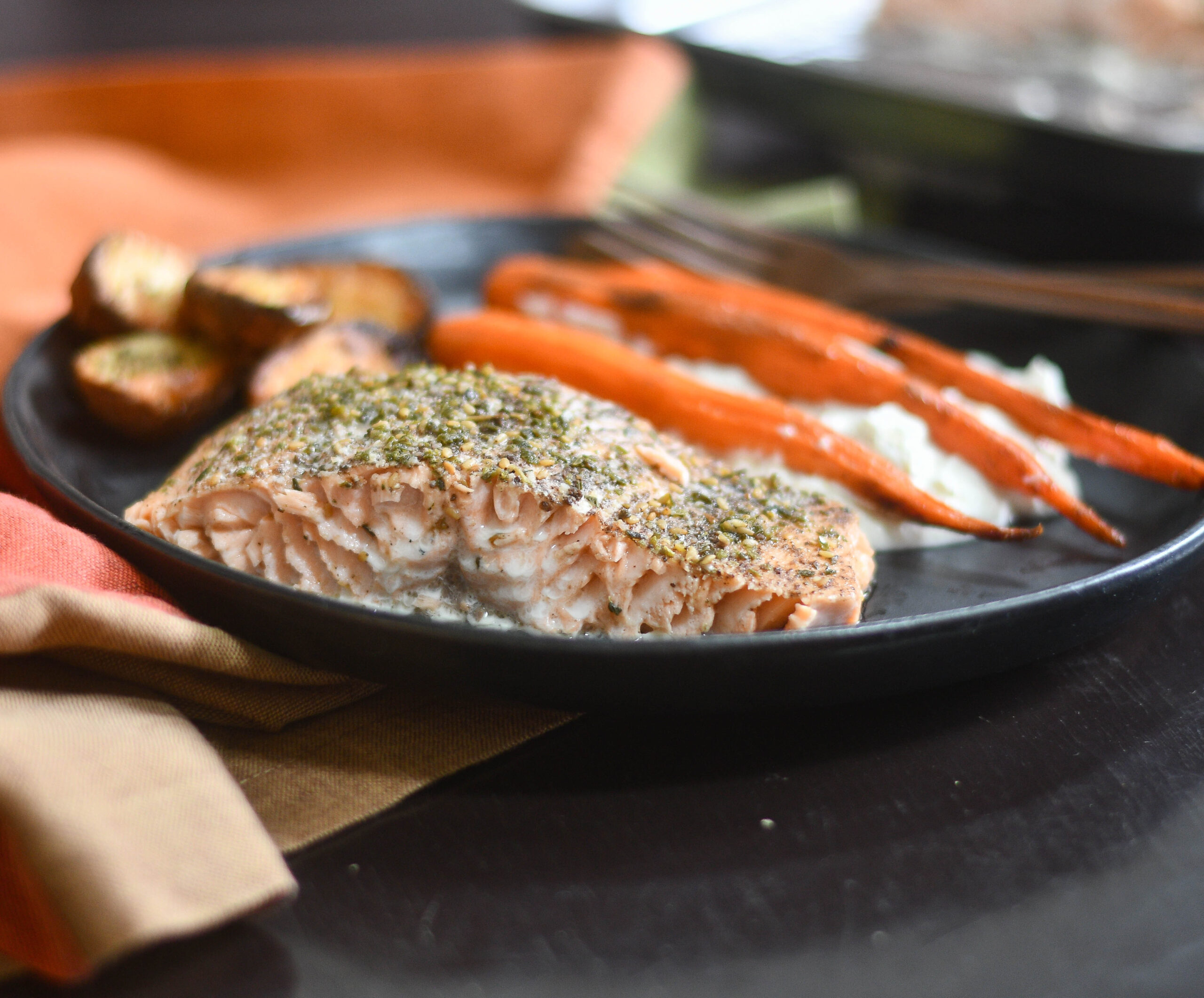Tray-Bake Mediterranean Salmon with Roasted Vegetables and Celery Root Purée