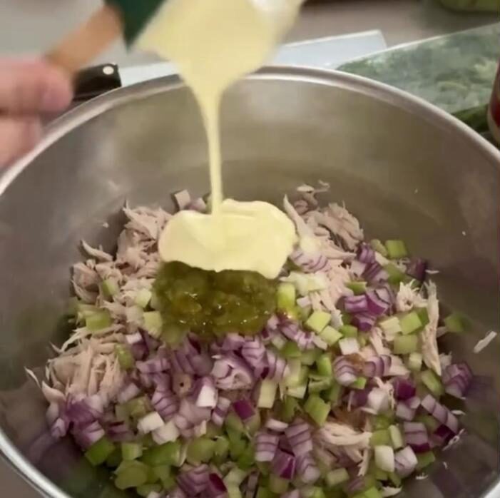 Tuna, celery, red onion, relish and mayo in a mixing bowl